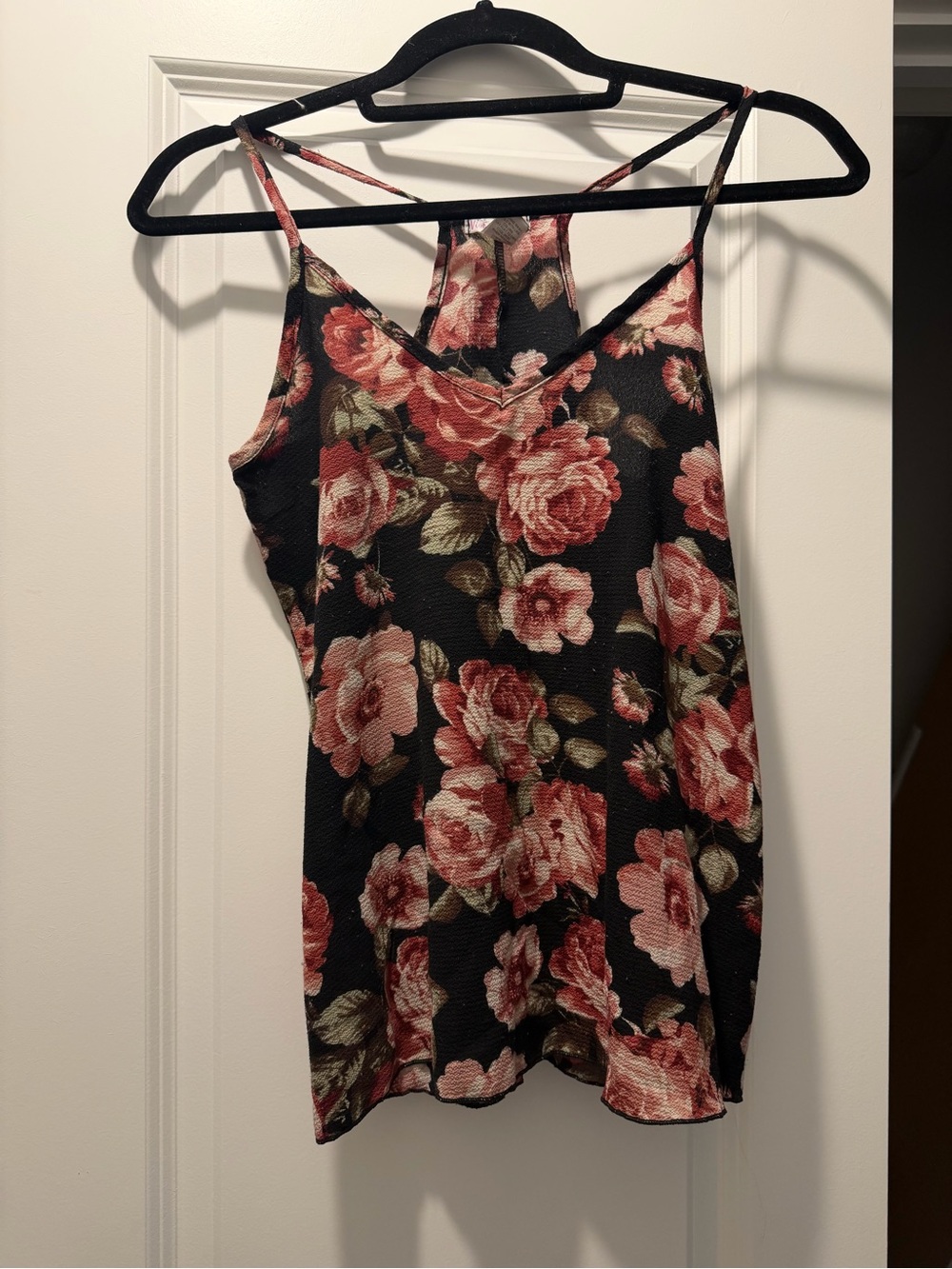 Rose Print V-Neck Strappy Cami Top - Black/Pink